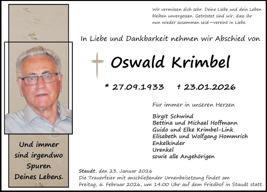 Traueranzeige von Oswald Krimbel von Westerwälder Zeitung