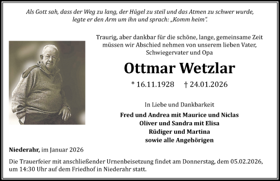 Traueranzeige von Ottmar Wetzlar von Westerwälder Zeitung