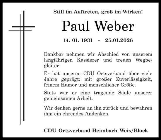 Traueranzeige von Paul Weber von Rhein-Zeitung