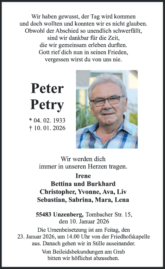Traueranzeige von Peter Petry von Rhein-Hunsrück-Zeitung