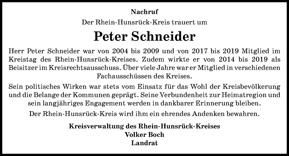  Traueranzeige für Peter Schneider vom 24.01.2026 aus Rhein-Hunsrück-Zeitung