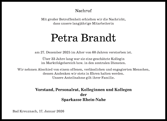 Traueranzeige von Petra Brandt von Oeffentlicher Anzeiger