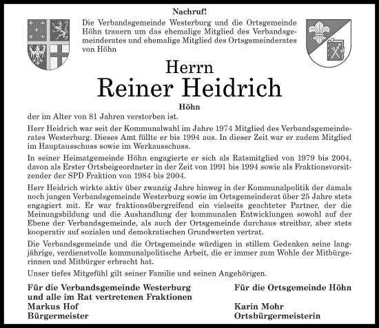 Traueranzeige von Reiner Heidrich von Westerwälder Zeitung