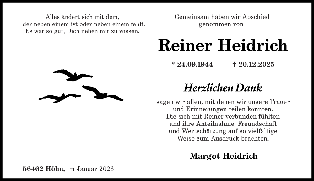  Traueranzeige für Reiner Heidrich vom 31.01.2026 aus Westerwälder Zeitung