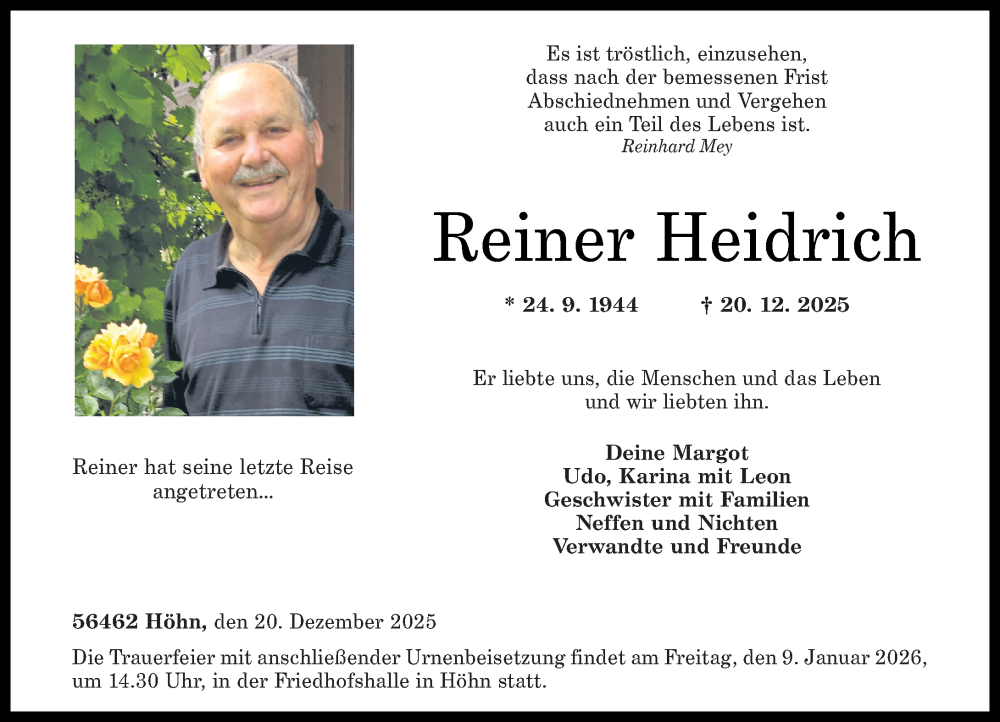  Traueranzeige für Reiner Heidrich vom 03.01.2026 aus Westerwälder Zeitung