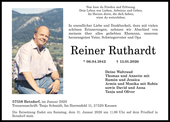 Traueranzeige von Reiner Ruthardt von Rhein-Zeitung
