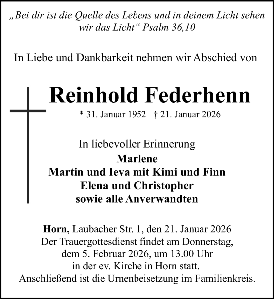 Traueranzeige von Reinhold Federhenn von Rhein-Hunsrück-Zeitung