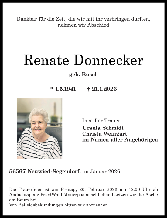 Traueranzeige von Renate Donnecker von Rhein-Zeitung
