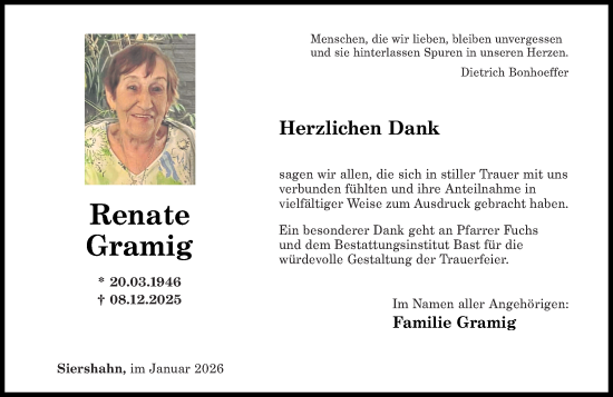 Traueranzeige von Renate Gramig von Westerwälder Zeitung
