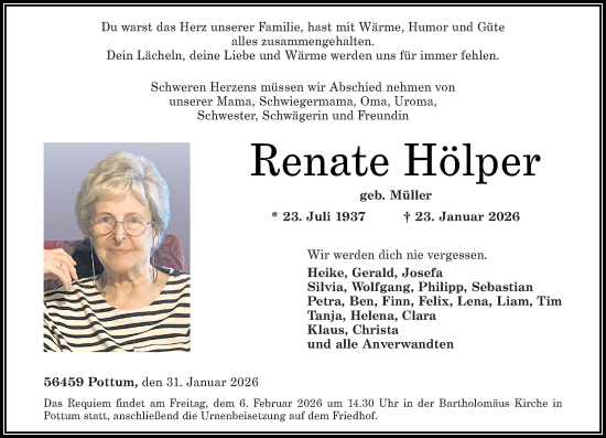 Traueranzeige von Renate Hölper von Westerwälder Zeitung