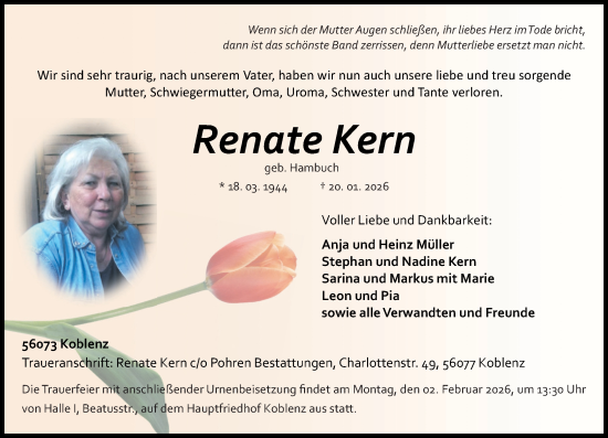 Traueranzeige von Renate Kern von Rhein-Zeitung