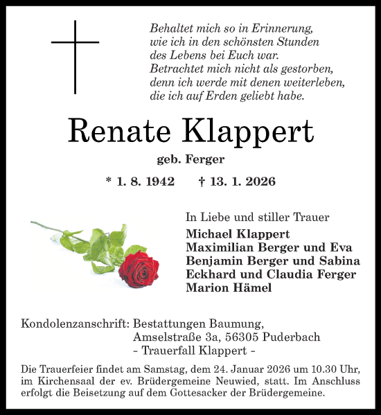 Traueranzeige von Renate Klappert von Rhein-Zeitung