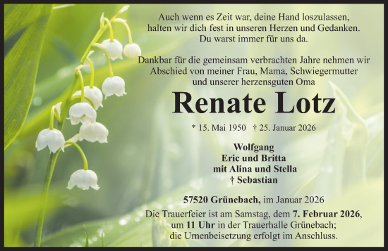 Traueranzeige von Renate Lotz von Rhein-Zeitung