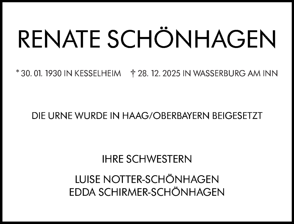 Traueranzeige für Renate Schönhagen vom 17.01.2026 aus Rhein-Zeitung