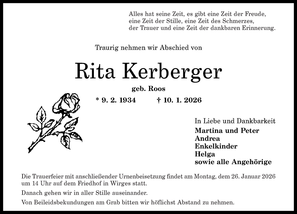  Traueranzeige für Rita Kerberger vom 17.01.2026 aus Westerwälder Zeitung