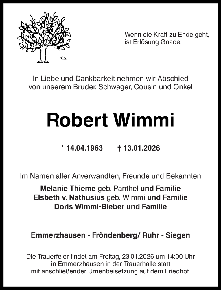  Traueranzeige für Robert Wimmi vom 19.01.2026 aus Rhein-Zeitung