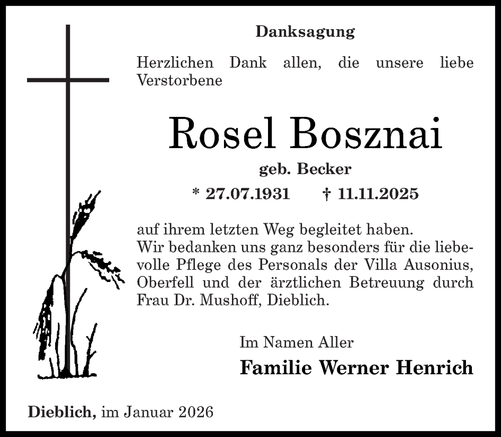  Traueranzeige für Rosel Bosznai vom 17.01.2026 aus Rhein-Zeitung