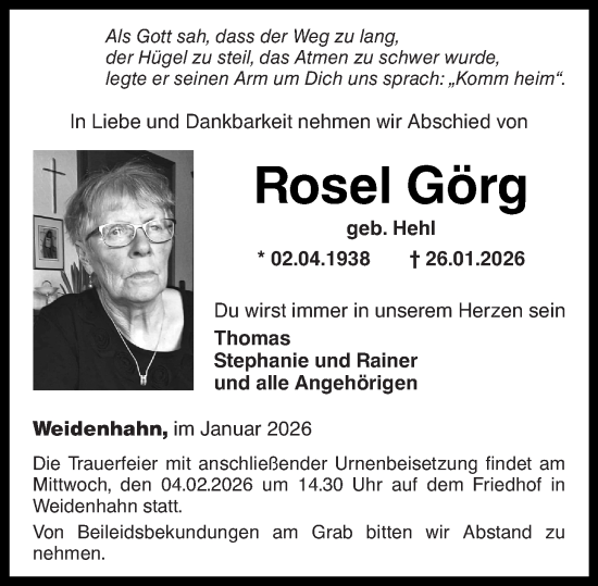 Traueranzeige von Rosel Görg von Westerwälder Zeitung