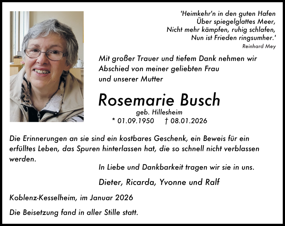  Traueranzeige für Rosemarie Busch vom 24.01.2026 aus Rhein-Zeitung