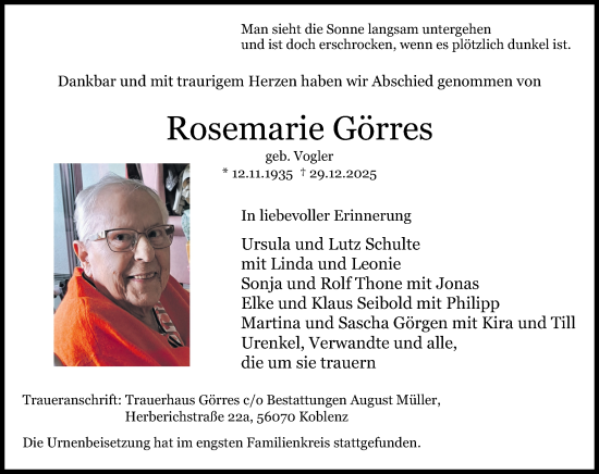 Traueranzeige von Rosemarie Görres von Rhein-Zeitung