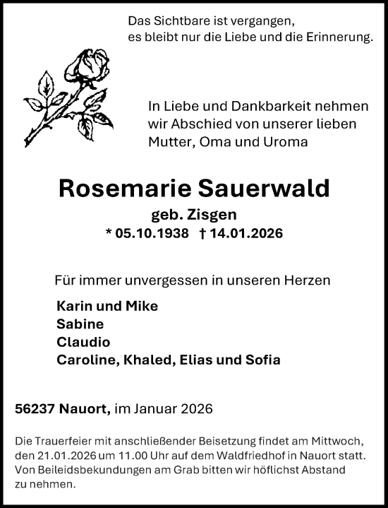 Traueranzeige von Rosemarie Sauerwald von Westerwälder Zeitung