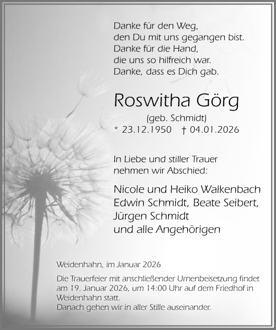 Traueranzeige von Roswitha Görg von Westerwälder Zeitung