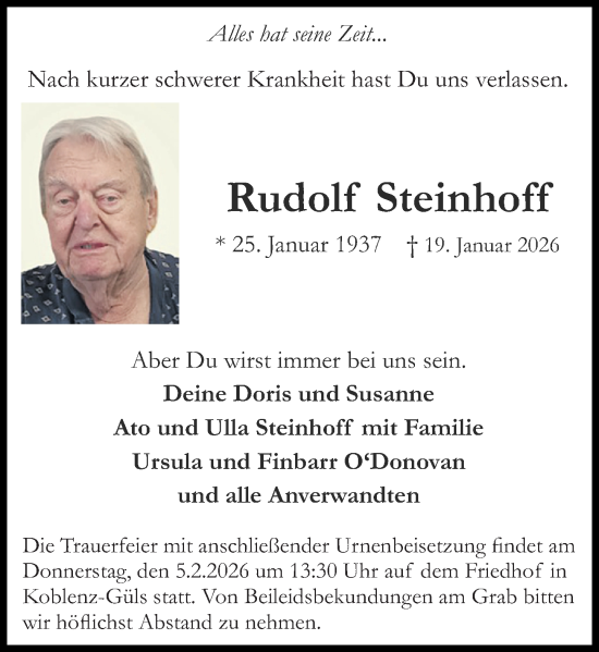 Traueranzeige von Rudolf Steinhoff von Rhein-Zeitung