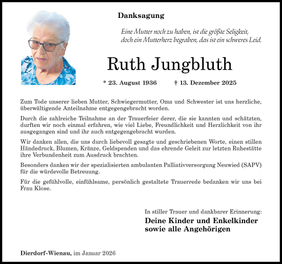 Traueranzeige von Ruth Jungbluth von Rhein-Zeitung