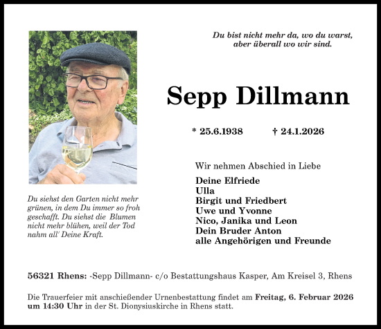 Traueranzeige von Sepp Dillmann von Rhein-Zeitung