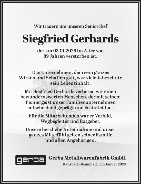 Traueranzeige von Siegfried Gerhards von Westerwälder Zeitung