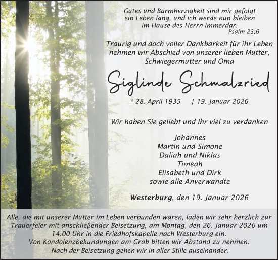 Traueranzeige von Siegllinde Schmalzried von Westerwälder Zeitung