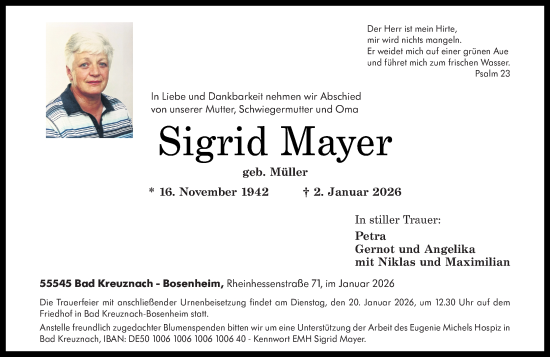 Traueranzeige von Sigrid Mayer von Oeffentlicher Anzeiger