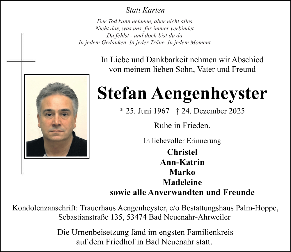  Traueranzeige für Stefan Aengenheyster vom 10.01.2026 aus Rhein-Zeitung