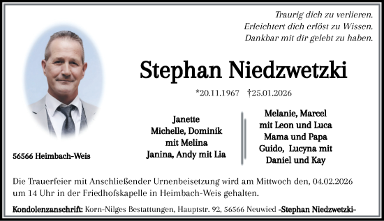 Traueranzeige von Stephan Niedzwetzki von Rhein-Zeitung