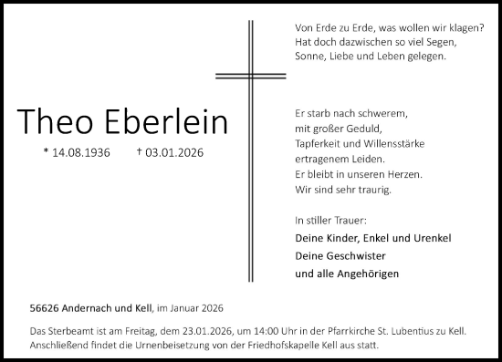 Traueranzeige von Theo Eberlein von Rhein-Zeitung
