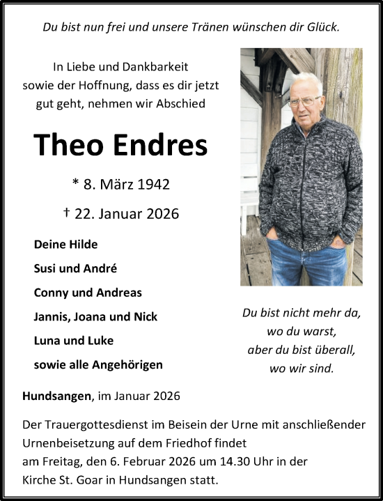 Traueranzeige von Theo Endres von Westerwälder Zeitung