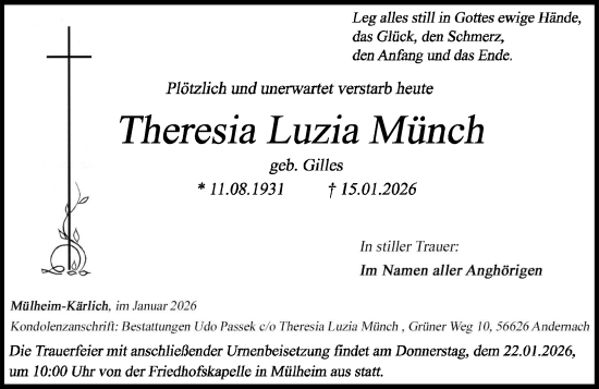 Traueranzeige von Theresia Luzia Münch von Rhein-Zeitung