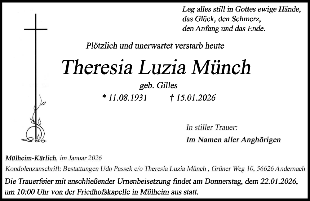  Traueranzeige für Theresia Luzia Münch vom 17.01.2026 aus Rhein-Zeitung