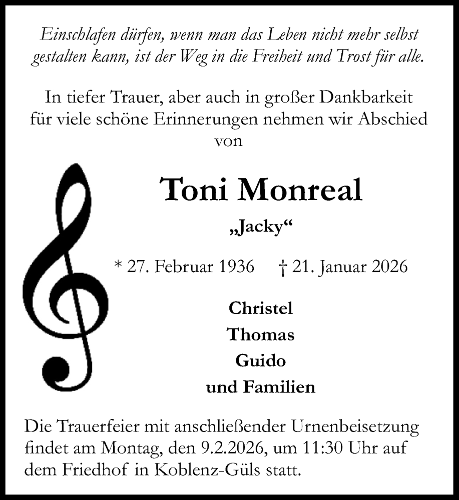  Traueranzeige für Toni Monreal vom 31.01.2026 aus Rhein-Zeitung