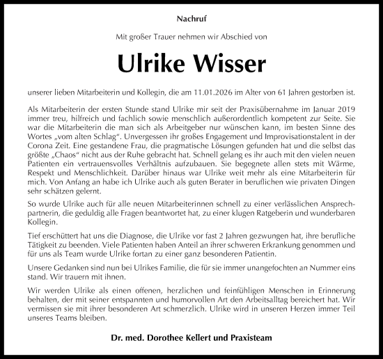 Traueranzeige von Ulrike Wisser von Rhein-Zeitung