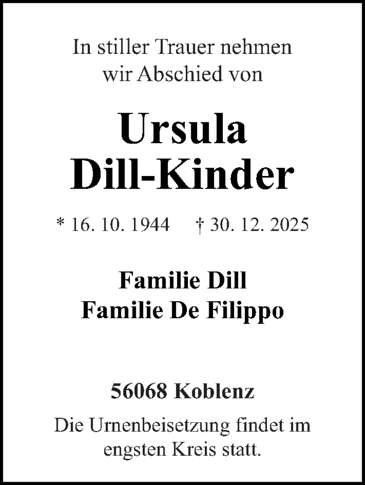  Traueranzeige für Ursula Dill-Kinder vom 10.01.2026 aus Rhein-Zeitung