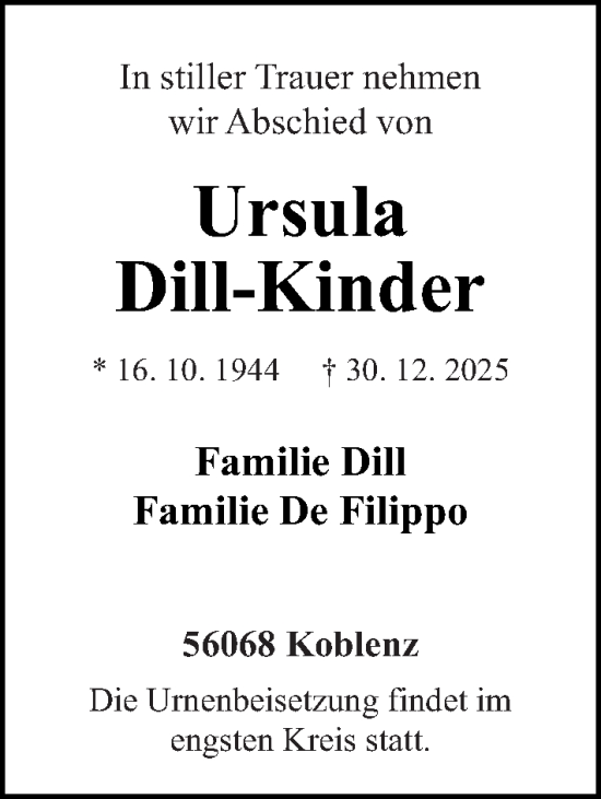 Traueranzeige von Ursula Dill-Kinder von Rhein-Zeitung
