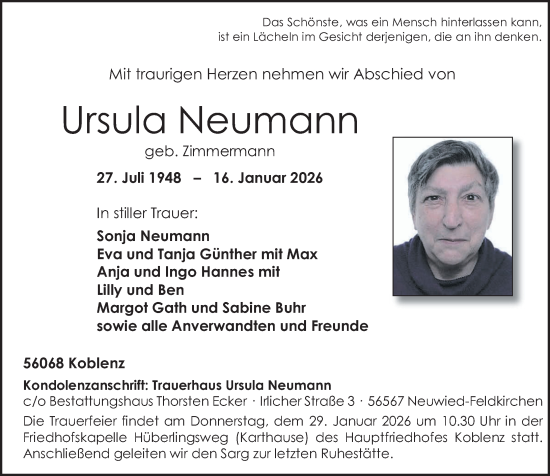 Traueranzeige von Ursula Neumann von Rhein-Zeitung