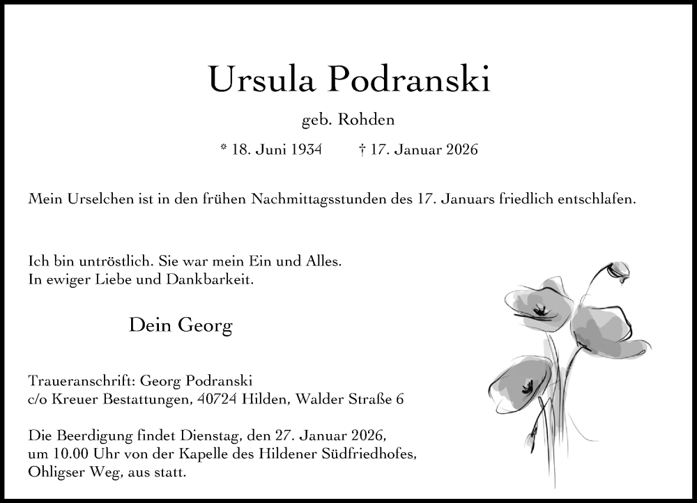  Traueranzeige für Ursula Podranski vom 24.01.2026 aus Rhein-Zeitung