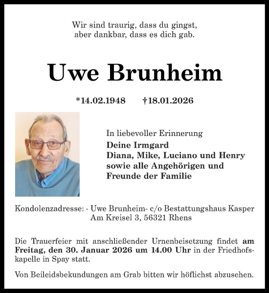Traueranzeige von Uwe Brunheim von Rhein-Zeitung