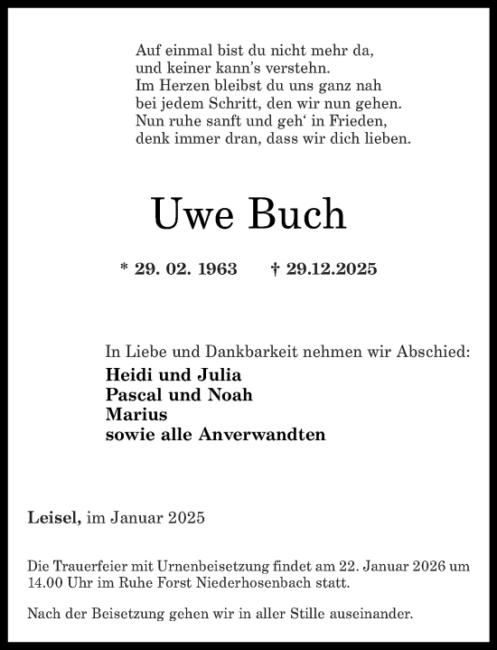 Traueranzeige von Uwe Buch von Nahe-Zeitung