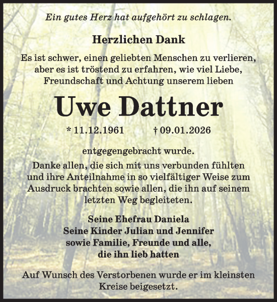 Traueranzeige von Uwe Dattner von Rhein-Zeitung