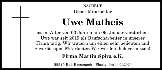 Traueranzeige von Uwe Matheis von Oeffentlicher Anzeiger