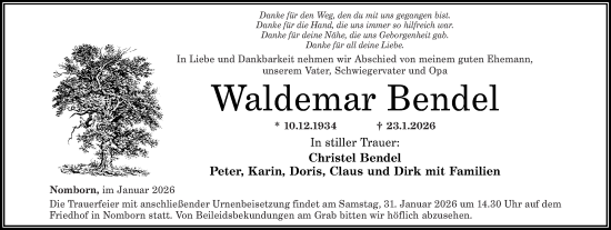 Traueranzeige von Waldemar Bendel von Westerwälder Zeitung