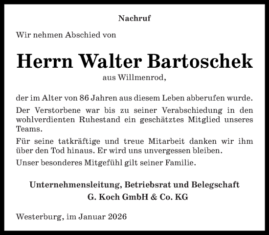 Traueranzeige von Walter Bartoschek von Westerwälder Zeitung